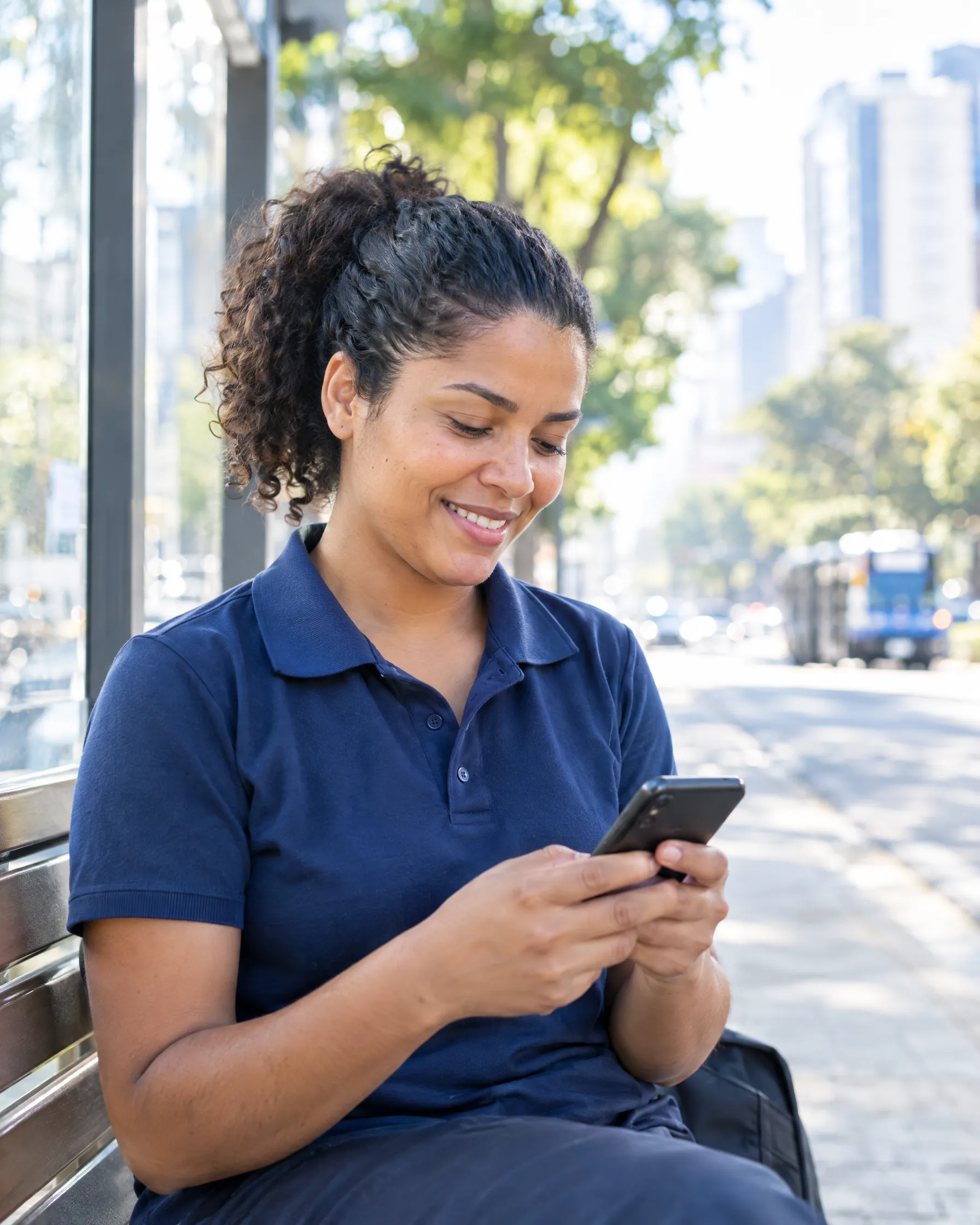 Mulher sentada em um ponto de ônibus olhando o celular